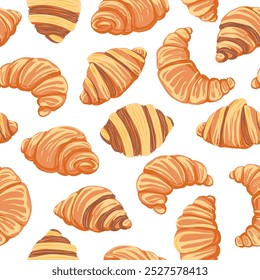 Patrón sin fisuras con cruasanes en estilo plano. Pasteles franceses. Ilustración vectorial dibujada a mano.