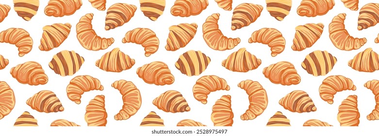 Padrão perfeito com croissants em estilo plano. Bolos franceses. Ilustração de vetor desenhada à mão.