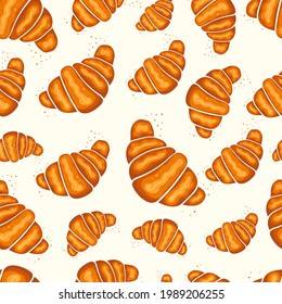 Seamless pattern with croissants. Freshly browned croissants with crumbs, vector background. Element for the design of your cafe, restaurant, menu, packaging, fabric.