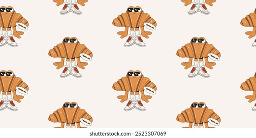 Seamless pattern with croissants in groovy style. Many croissant characters with arms, legs, and eyes. Crispy croissant. Sweets and pastries. A modern and vibrant pastry pattern for design. Vector