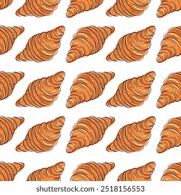 Nahtloses Muster mit Croissants im handgezeichneten Stil. Design für Bäckerei, Lebensmittelverpackung, Speisekarte oder Café-Branding.