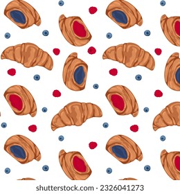 Seamless pattern with croissants. Illustration with sweet pastries. Croissant top view. Croissant with blueberries. Croissant with raspberries. Pattern with food