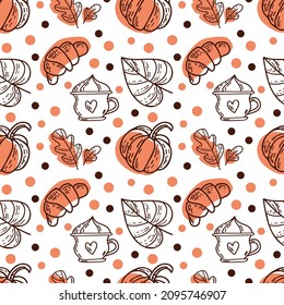 Seamless pattern with croissants, pumpkins and autumn oak leaves in orange, beige, brown and yellow colors.