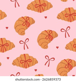 Seamless pattern with croissants with red bows. Vector graphics.
