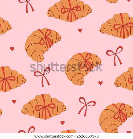 Seamless pattern with croissants with red bows. Vector graphics.