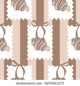 seamless pattern with croissants in sketch style in the shape of a stamp with a bow on a cork background with lines, for textiles, packaging or greeting cards