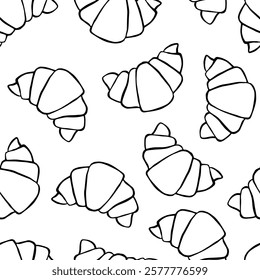 Seamless pattern of croissants, suitable for cafe or bakery backgrounds. Black and white work drawn by hand.