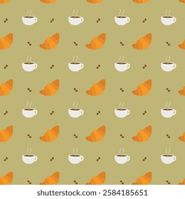Seamless pattern of croissants and sweet coffee . Food illustration. French breakfast.