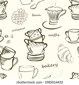 

Seamless pattern with croissants, waffles, several different cups, a spoon and coffee beans, vector, stylized hand drawing, isolated line on white background. Element for your design menu, cafe