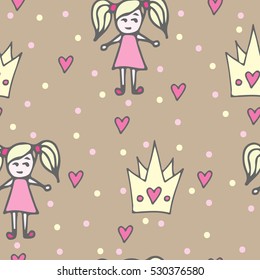 Seamless pattern with crone and doll in pink dress on beige background. For textile or book covers, manufacturing, wallpapers, print, gift wrap and scrap booking.