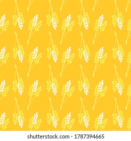 Seamless pattern Crop Oat Wheat Barley Rye plant. Stylized autumn nature vector pattern. Gold yellow orange white abstract fall pattern flat cartoon style. For fabric, decor, packaging, Thanksgiving