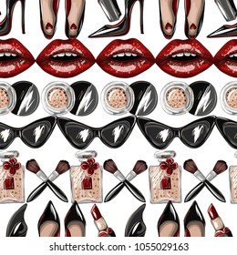 Seamless pattern with crop top, lips, shoes, lipstick, sunglasses, brush and other. Makeup patches vector illustration.