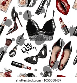 Seamless pattern with crop top, lips, shoes, lipstick, sunglasses