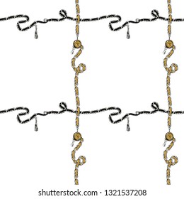 Seamless pattern with cross chain belts. Fashion hand drawn sketch on white background. Fabric design ornament.