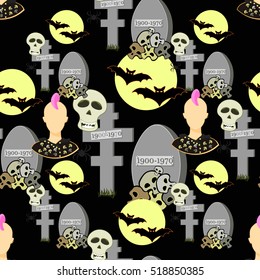 seamless pattern with cross, grave, tombstone, bat, cemetery, punk girl vector illustration