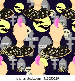 seamless pattern with cross, grave, tombstone, bat, moon, cemetery, punk girl vector illustration