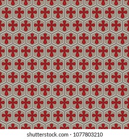 Seamless pattern with a cross in a hexagon.  Christian symbol. Endless texture for textile design. Repeating on a beige background. Abstract geometrical texture. Vector color background.
