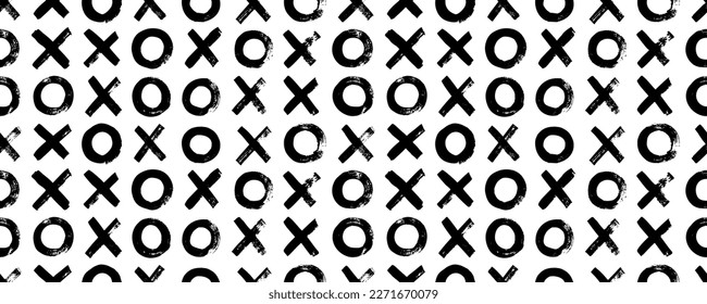 Seamless pattern with cross marks and circles. Abstract simple geometric background with x and o. Geometric wrapping paper, textile vector fill. Hand drawn brush strokes. Tile x o noughts and crosses.