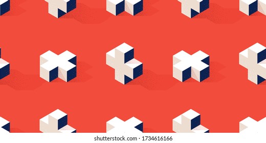 Seamless pattern with cross or plus shape on red background in modern dotted texture style. Fabric, wrapper or wallpaper print in stylized retro flat trend