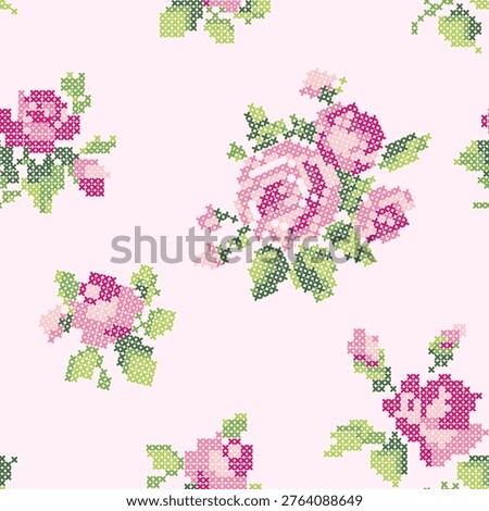 Seamless Pattern Cross Stitch Floral Pink Rose Embroidery Luxury Nursery Cottagecore Background Vector