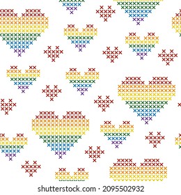 Patrón sin brillo con corazones cruzados en colores arcoiris.