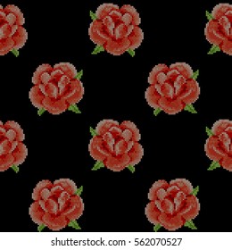 Seamless pattern with cross stitch red roses on black background. Wallpaper of embroidery or needlework. Folk textile print.