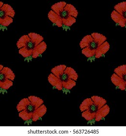 Seamless pattern with cross stitch red poppies on black background. Wallpaper of embroidery or needlework. Folk textile print.