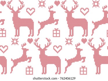 Seamless pattern cross stitch reindeer Christmas, vector
