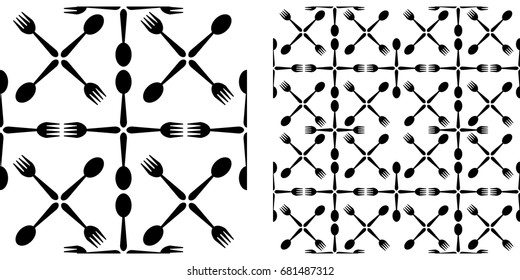 Seamless pattern of crossed black spoon and fork. Single pattern is shown in the left. The example of assembly seamless is shown in the right.  