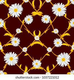 Seamless pattern of crossed chamomiles on golden stems