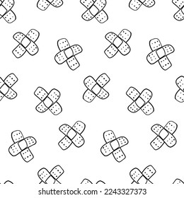 Seamless pattern with crossed first aid band hand drawn doodle outline vector