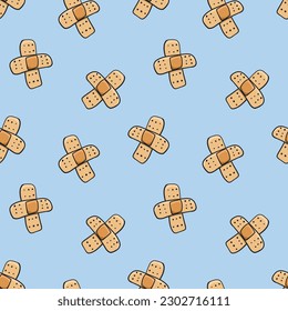 Seamless pattern with crossed first aid band doodle vector