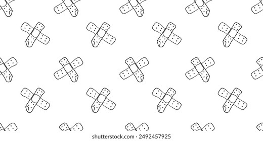 Seamless pattern with crossed first aid bandage plaster hand drawn doodle outline vector