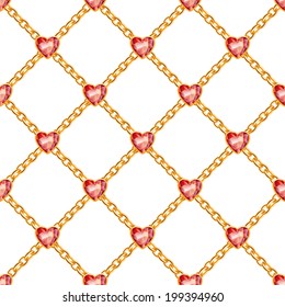 Seamless pattern with crossed golden chains and red heart gemstones. Jewelry background.