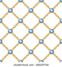 Seamless pattern with crossed golden chains and blue round gemstones. Jewelry background.