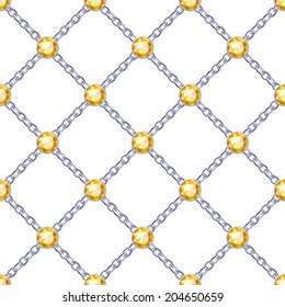 Seamless pattern with crossed silver chains and yellow gemstones. Jewelry background.