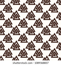 Seamless pattern from the crossed triangles.  Endless texture for textile design. Sacred sign of Vikings - three triangles. Triksel. Sacral symbol. Norman culture. Trinity.  Vector color background.