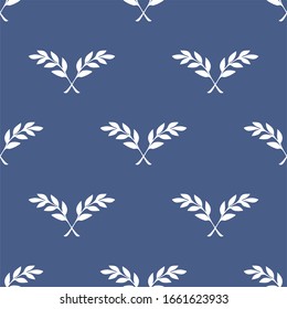 Seamless pattern with crossed twigs with leaves. Navy blue and white color.