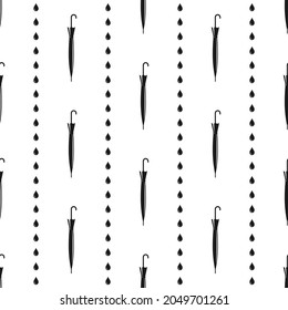Seamless pattern with crossed umbrella canes and rain drops. Vintage gentleman wallpaper. Black retro ornament on white background. Father day, hipster background. 