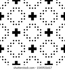 Seamless pattern. Crosses, circles ornament. Ethnic embroidery background. Tribal wallpaper. Ethnical folk image. Tribe motif. Ancient mosaic. Digital paper for web design, textile print. Vector art.