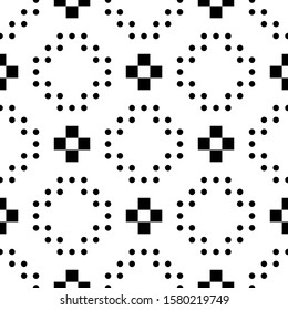 Seamless pattern. Crosses, circles ornament. Ethnic embroidery background. Tribal wallpaper. Ethnical folk image. Tribe motif. Ancient mosaic. Digital paper for web design, textile print. Vector art.