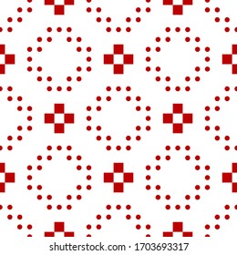 Seamless pattern. Crosses, circles ornament. Ethnic embroidery background. Tribal wallpaper. Ethnical folk image. Tribe motif. Ancient mosaic. Digital paper for web design, textile print. Vector art.