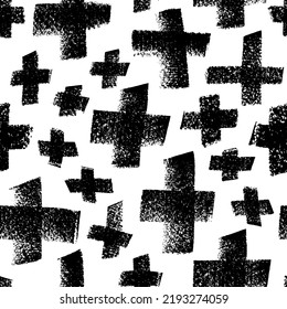 Seamless pattern with crosses of different sizes. Monochrome hand drawn vector print. Charcoal crosses with noise texture. Simple minimalistic geometric print. Black and white pattern with plus sign