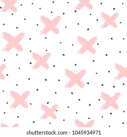 Seamless pattern with crosses and irregular polka dots. Grunge, sketch, graffiti, watercolour, paint. Endless trendy print. Modern vector illustration.