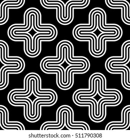 Seamless pattern of crosses on black background, of twisted lines or tapes. Endless striped monochrome background with winding elements. Geometric graphic texture with alternating figures. Vector