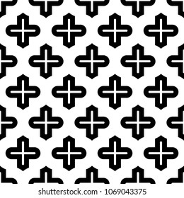 Seamless pattern with crosses ornament. Background with repeated cross shapes ornamentation. Ancient embroidery wallpaper. Ethnic motif. Digital paper with plus signs, textile print. Vector art.