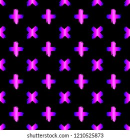 Seamless pattern with crosses, or plus signs, on black background. Cute kawaii pastel goth style.