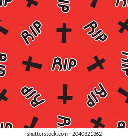 Seamless pattern with crosses and rip inscription on a red background. Vector illustration