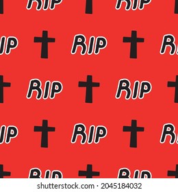 Seamless pattern with crosses and rip inscription on a red background. Vector illustration