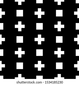 Seamless pattern. Crosses, squares wallpaper. Simple shapes backdrop. Pluses, checks background. Signs ornament. Figures motif. Digital paper, textile print, abstract illustration. Vector artwork.